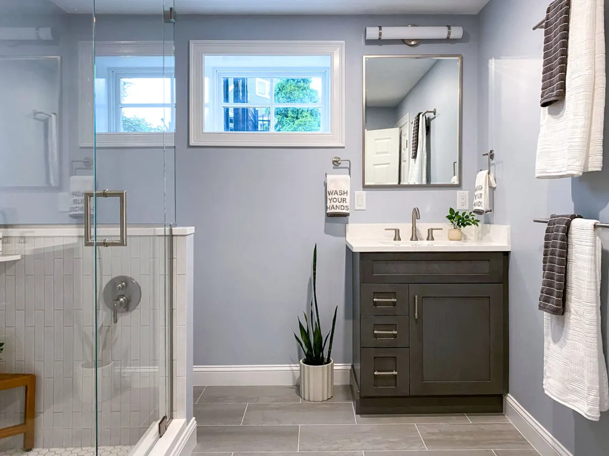 Glass enclosed Walk in Shower bathroom design in Stow, MA